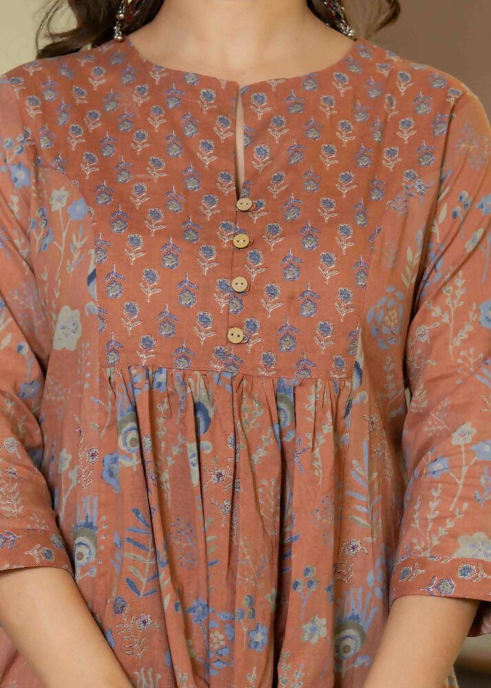 Jaimini Women Cotton Printed Round Neck 3/4 Sleeves Calf Length Flared Kurta Pant And Dupatta Set | Grocsy