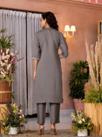 Juniper Women's Dark Grey Zari Embroidered Viscose Kurta Pant And Dupatta Set | Grocsy