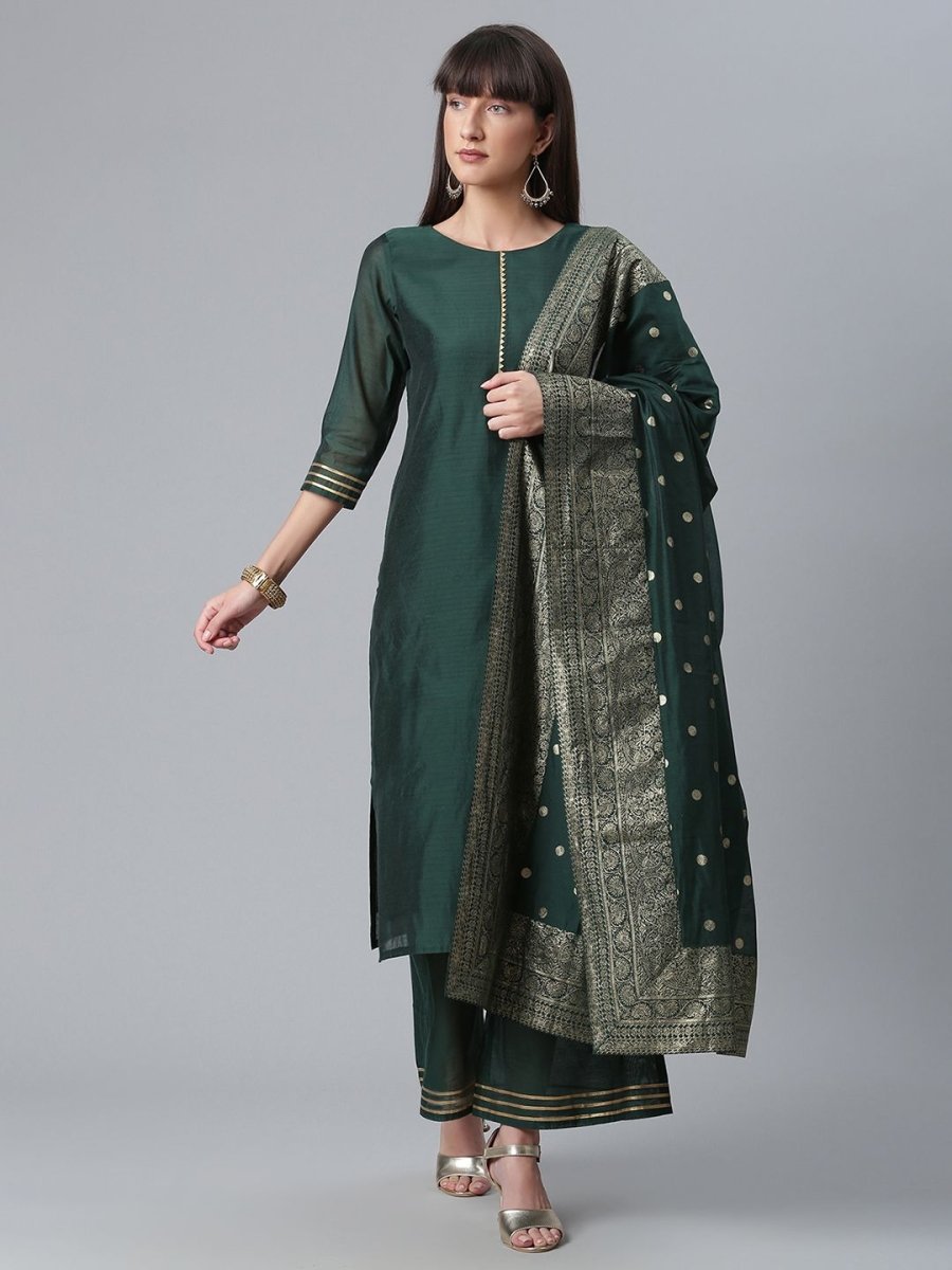 Ahalyaa Dark Green Chanderi Solid Kurta With Palazzo And Dupatta Set | Grocsy