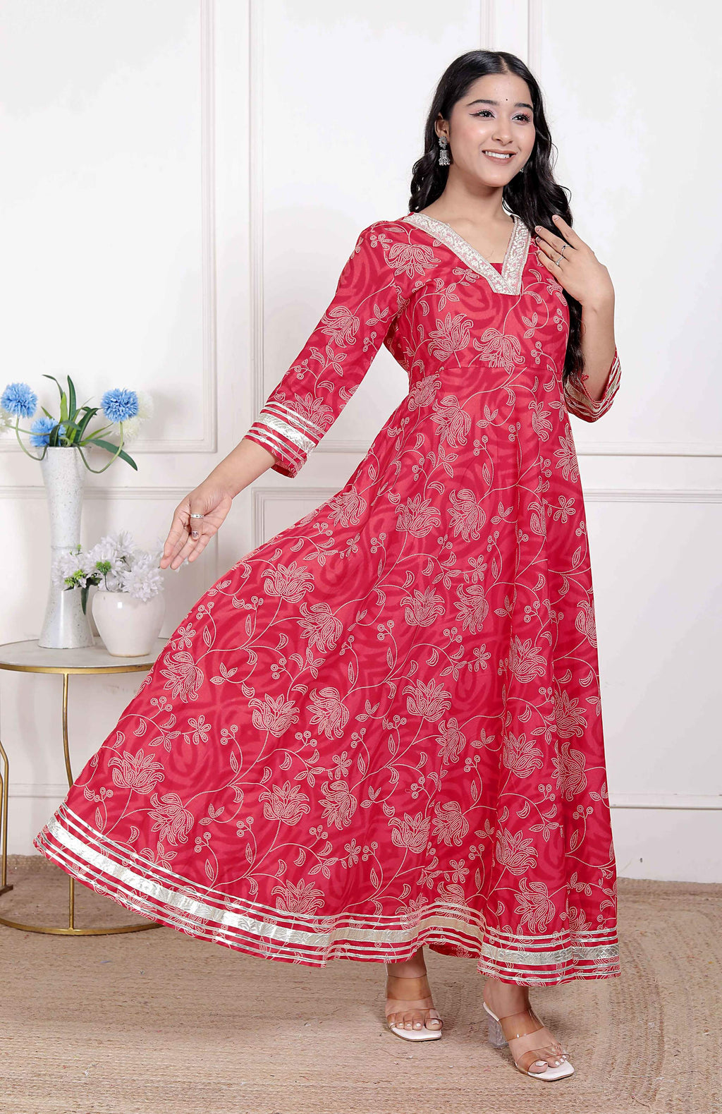 Miravan Women's Red Jaipuri Printed Cotton Ethnic Anarkali Kurta | Grocsy