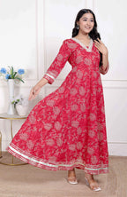Miravan Women's Red Jaipuri Printed Cotton Ethnic Anarkali Kurta | Grocsy