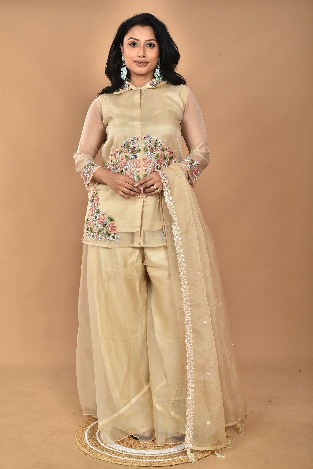 Morchari Women And Hand Embroidery Palazzo Set-Beige | Grocsy
