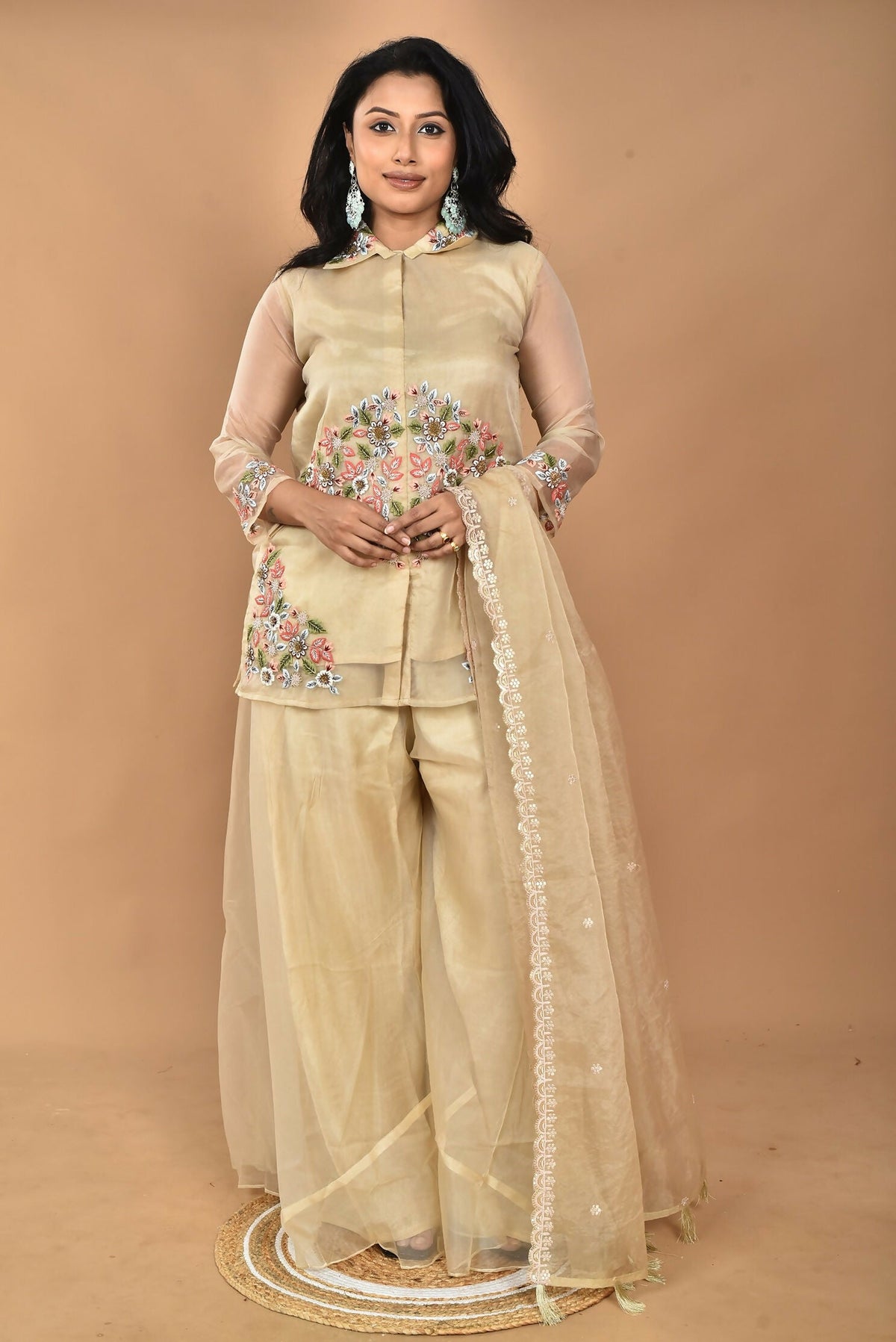 Morchari Women And Hand Embroidery Palazzo Set-Beige | Grocsy