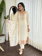 Cream Viscose chanderi Stitched Suit With Dupatta - Tanisha | Grocsy