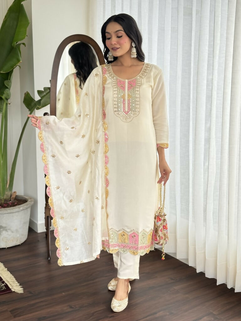 Cream Viscose chanderi Stitched Suit With Dupatta - Tanisha | Grocsy