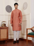 Orange Viscose Woven Jacquard Work Men's Rajwadi Kurta Set - Mahotsav | Grocsy