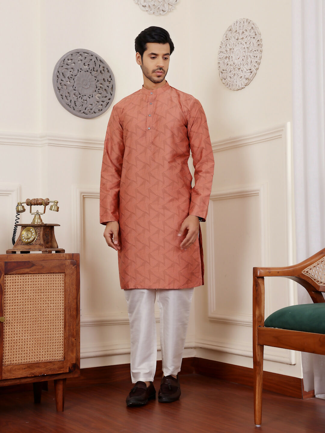 Orange Viscose Woven Jacquard Work Men's Rajwadi Kurta Set - Mahotsav | Grocsy