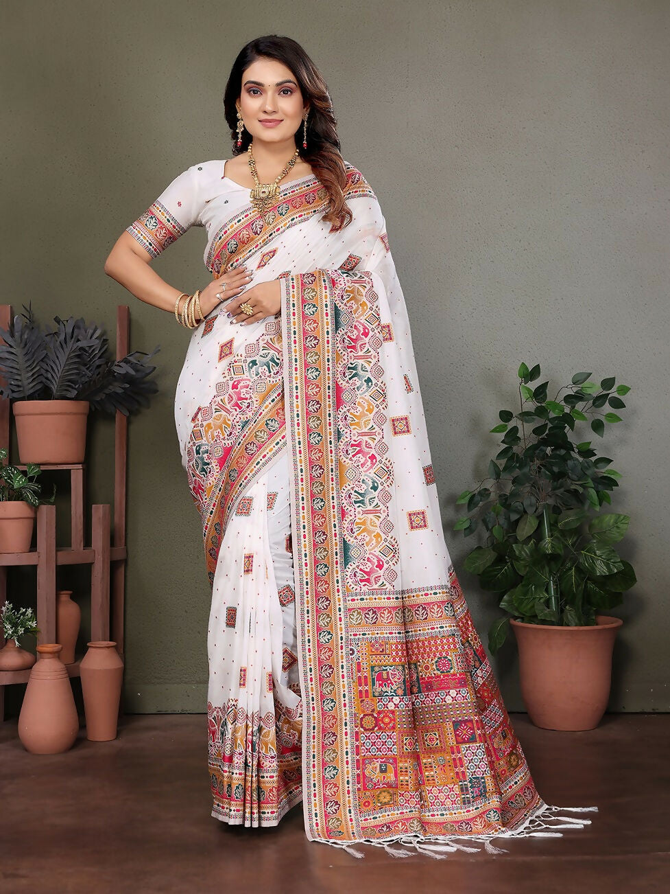 Joban Fashion White Thread Woven Pashmina Sarees | Grocsy