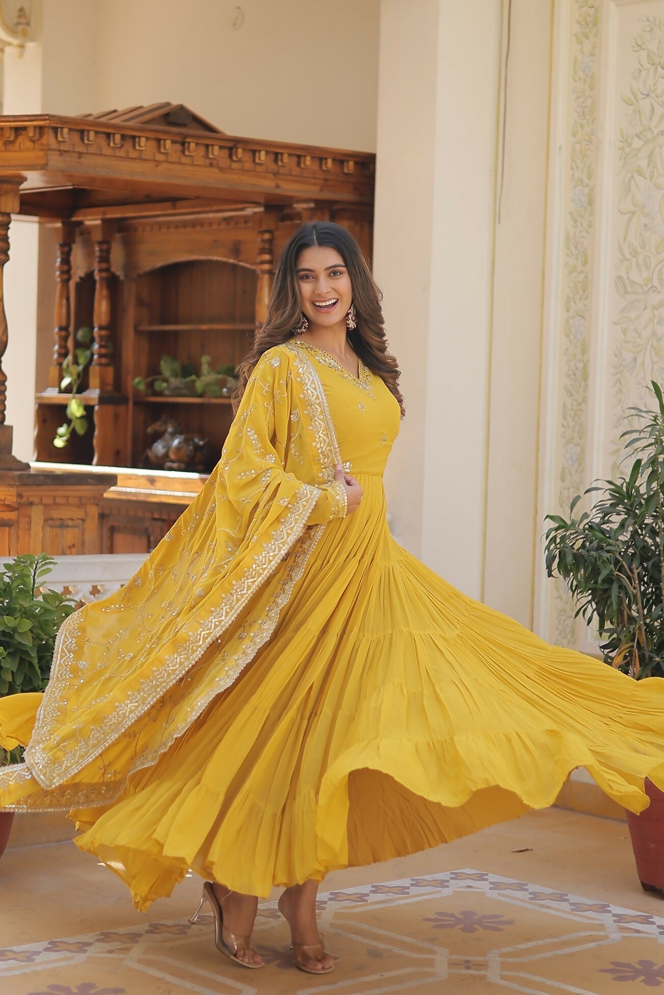 Joban Fashion Yellow Georgette Sequence Embroidery Work Kurta Set | Grocsy