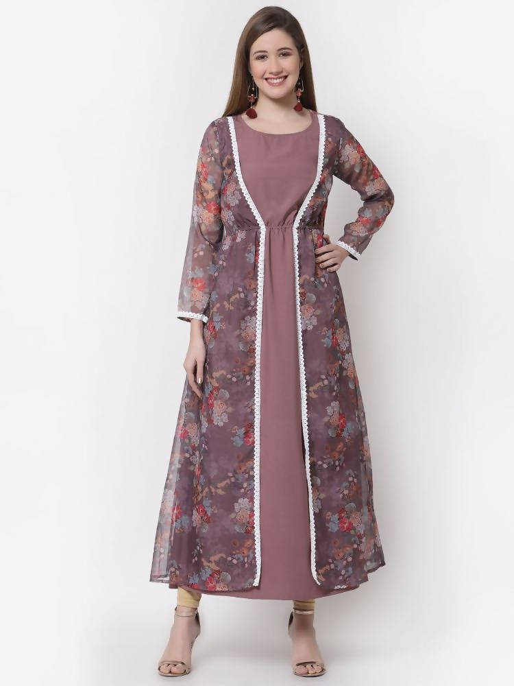 Myshka Mauve Color Organza Printed Dress | Grocsy