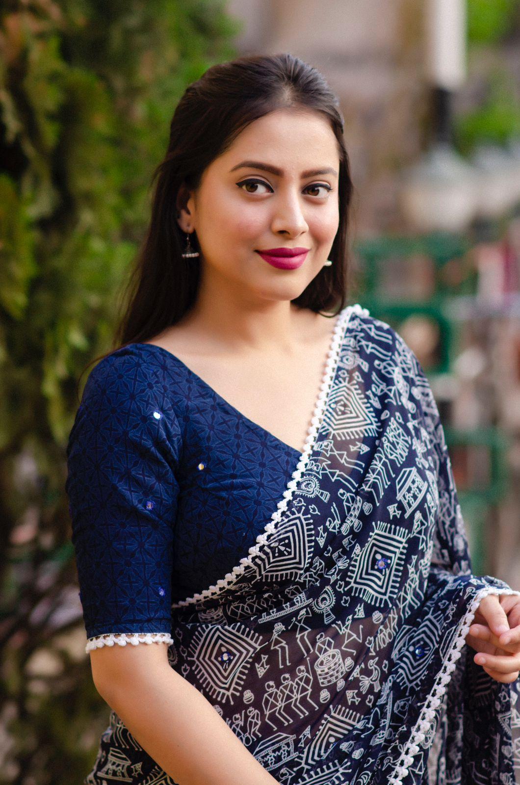 Blue Poly Georgette Ethnic Motifs Saree with Unstitched Blouse - Hiral Fashion | Grocsy