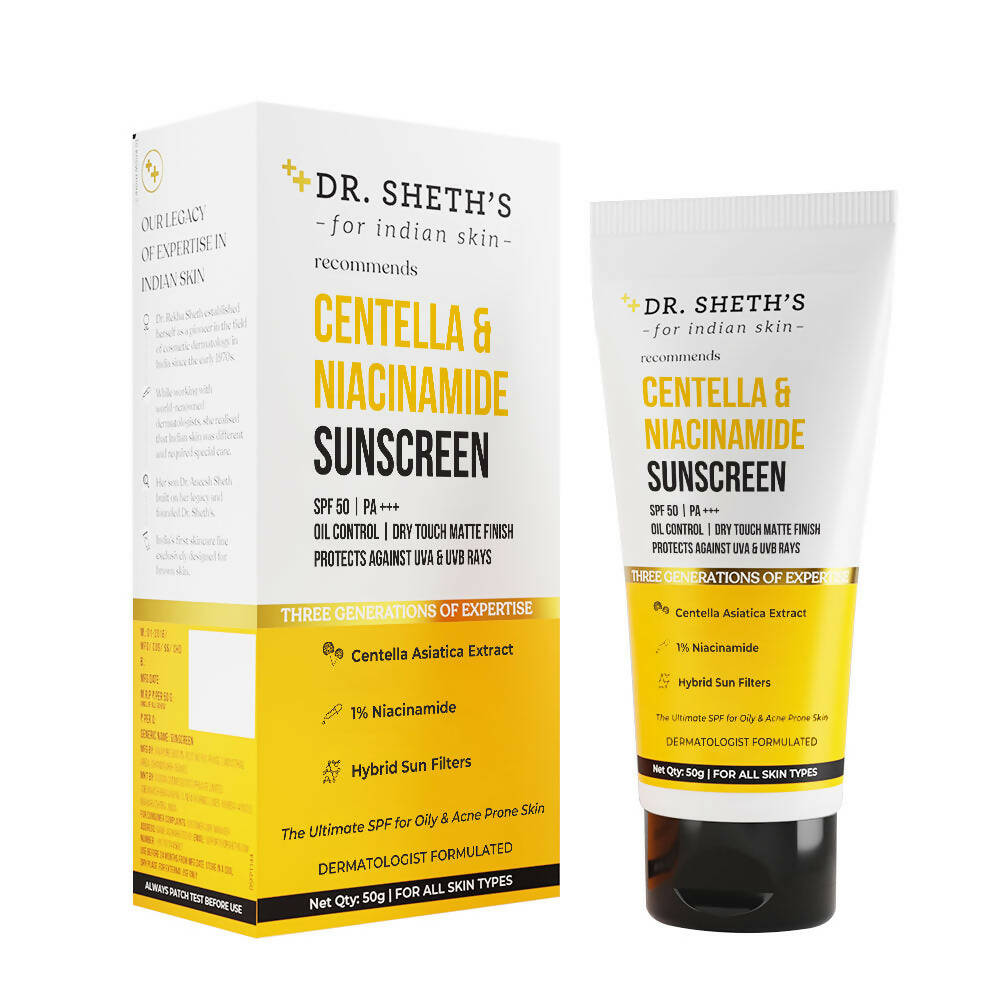 Dr. Sheth's Centella & Niacinamide Sunscreen SPF 50 PA+++ For Oily & Acne-Prone Skin Protects Against Uva & Uvb Rays | Grocsy