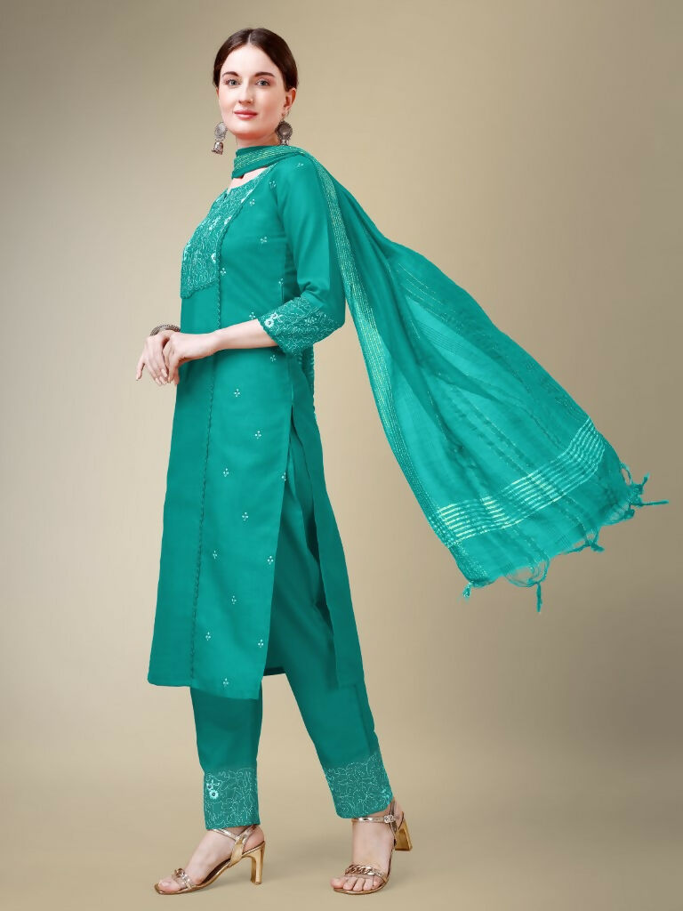 Jyoti Fashion Women's Rama Cotton Blend Embroidery & Fancy Lace work Kurta with Trouser & Dupatta | Grocsy