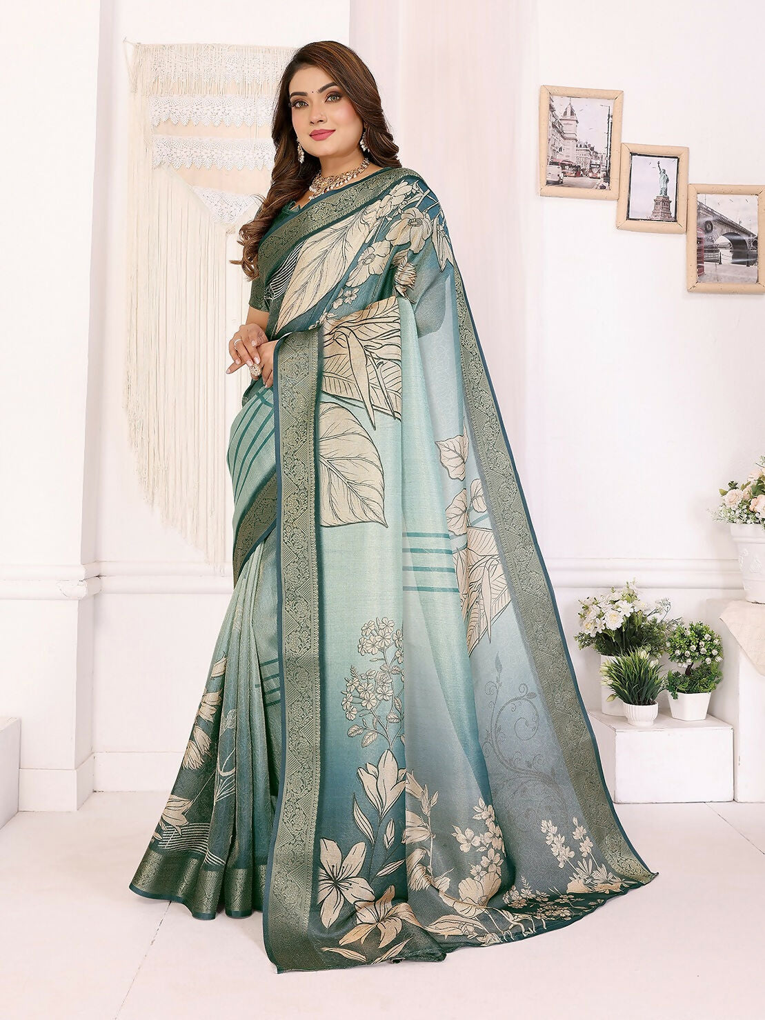 Joban Fashion Teal Floral Print pattern Banarasi Silk Sarees | Grocsy