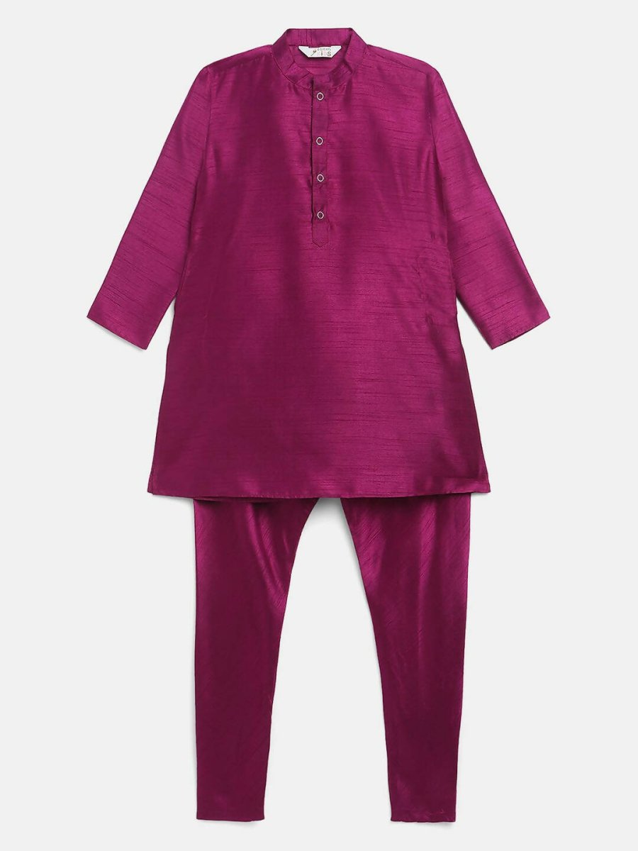 Ahalyaa Purple Poly Silk Solid Kids Kurta Churidar Set For Boys | Grocsy