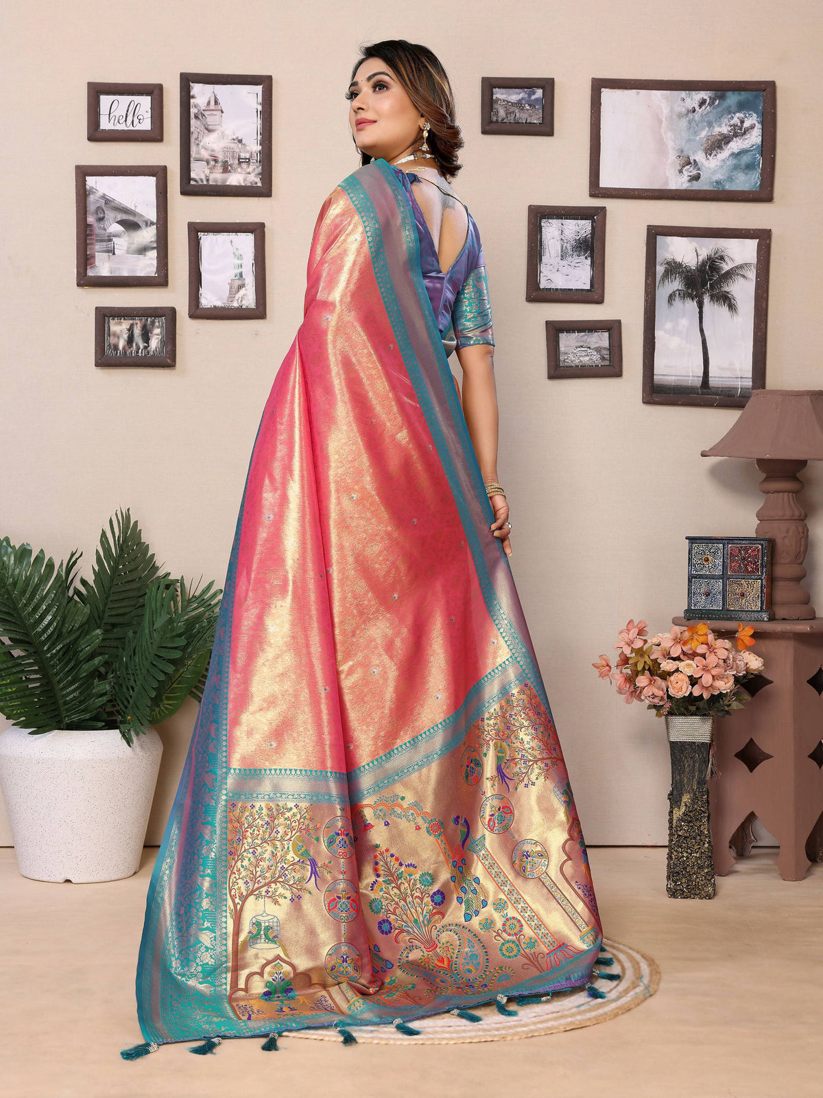 Aastha Fashion Pink Tissue Silk Weaving Saree | Grocsy