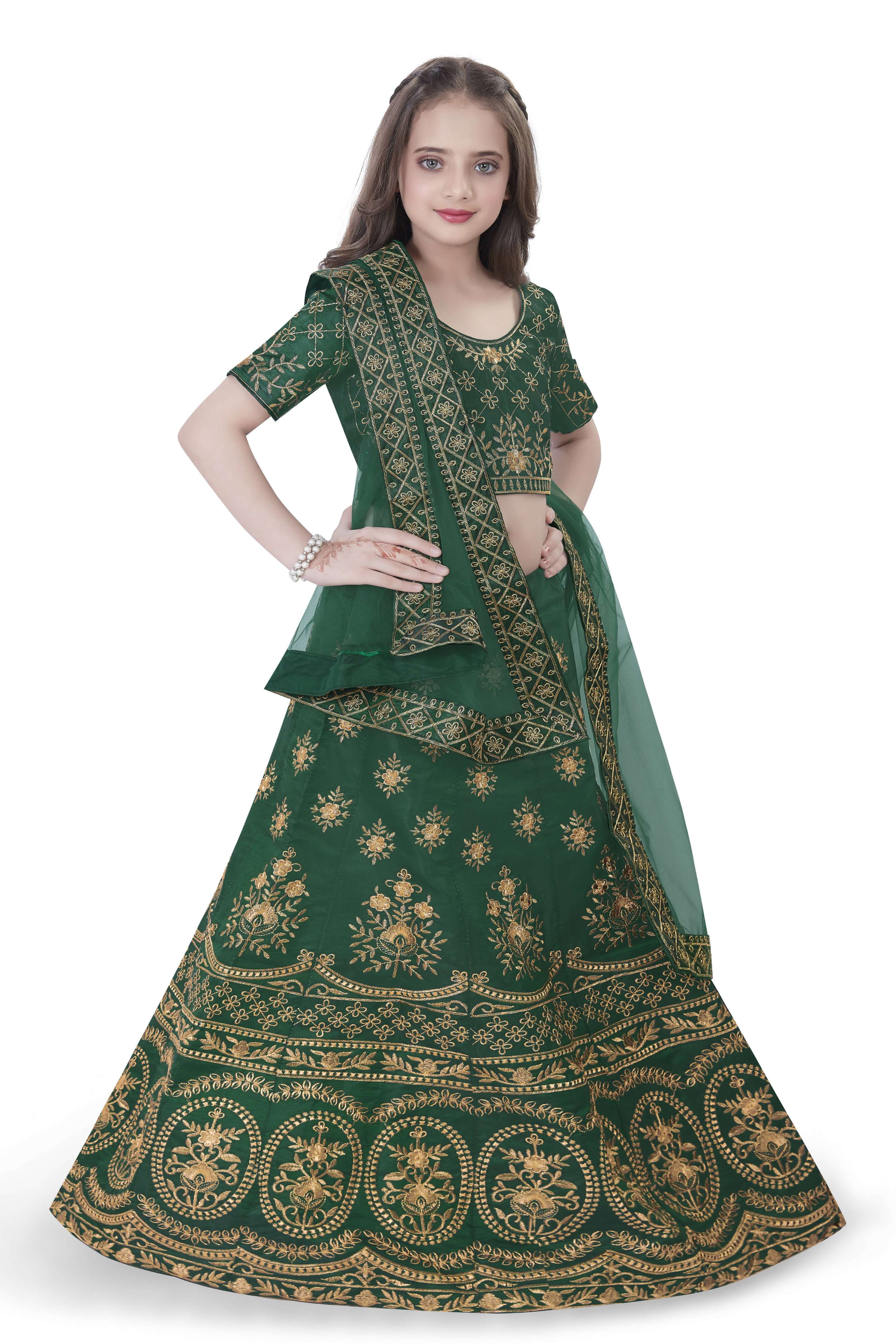 Dwiden Green Lehriyu Tafetta Sattin Semi-Stitched Girl's Lehenga Choli | Grocsy