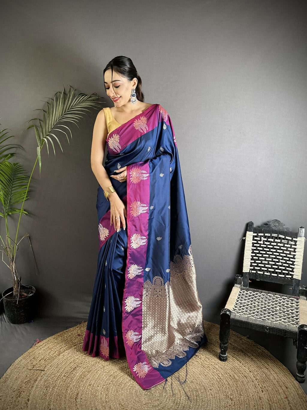 Joban Fashion Royal Blue Small Butti Soft Silk Banarasi Saree | Grocsy