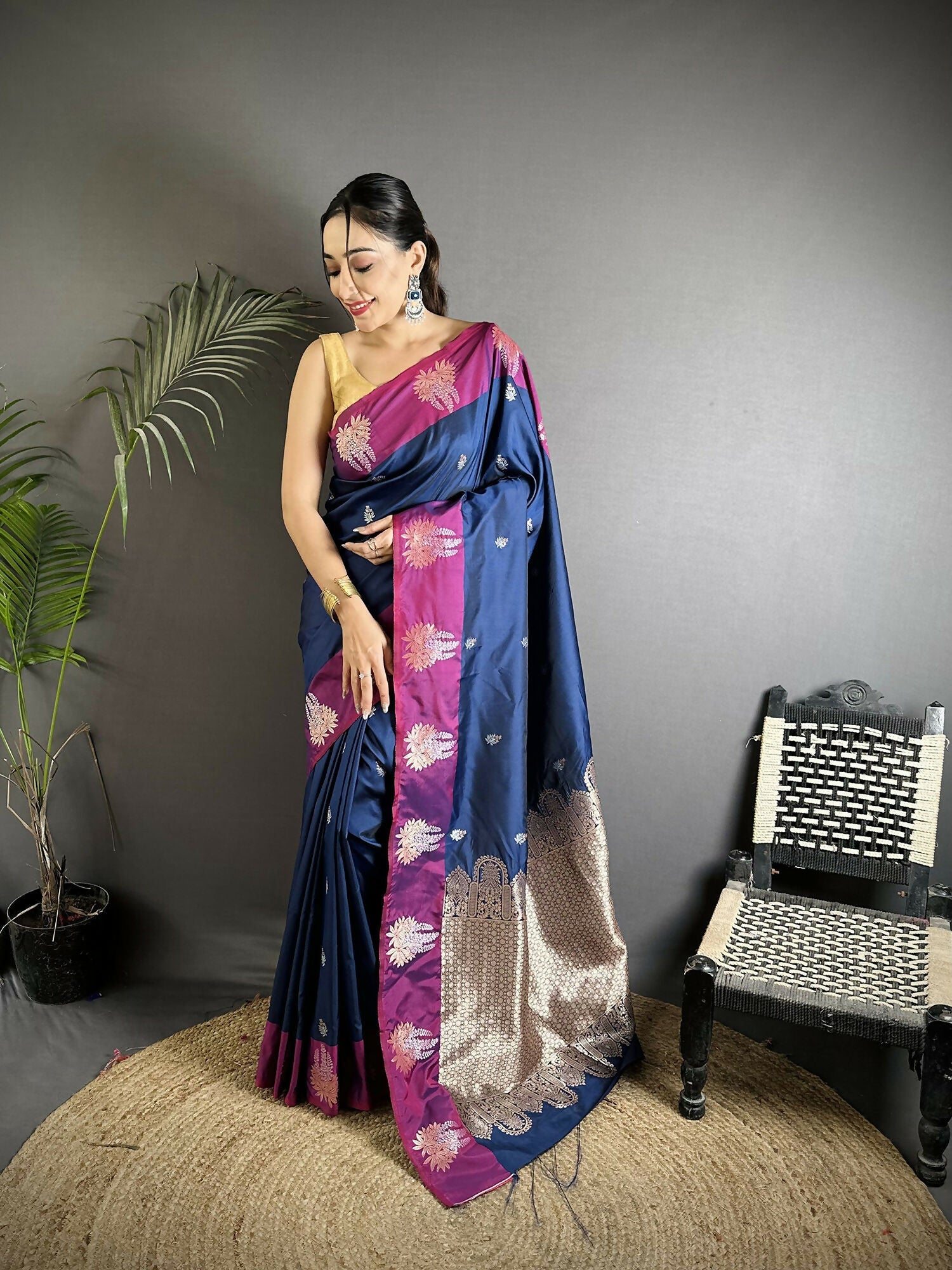 Joban Fashion Royal Blue Small Butti Soft Silk Banarasi Saree | Grocsy