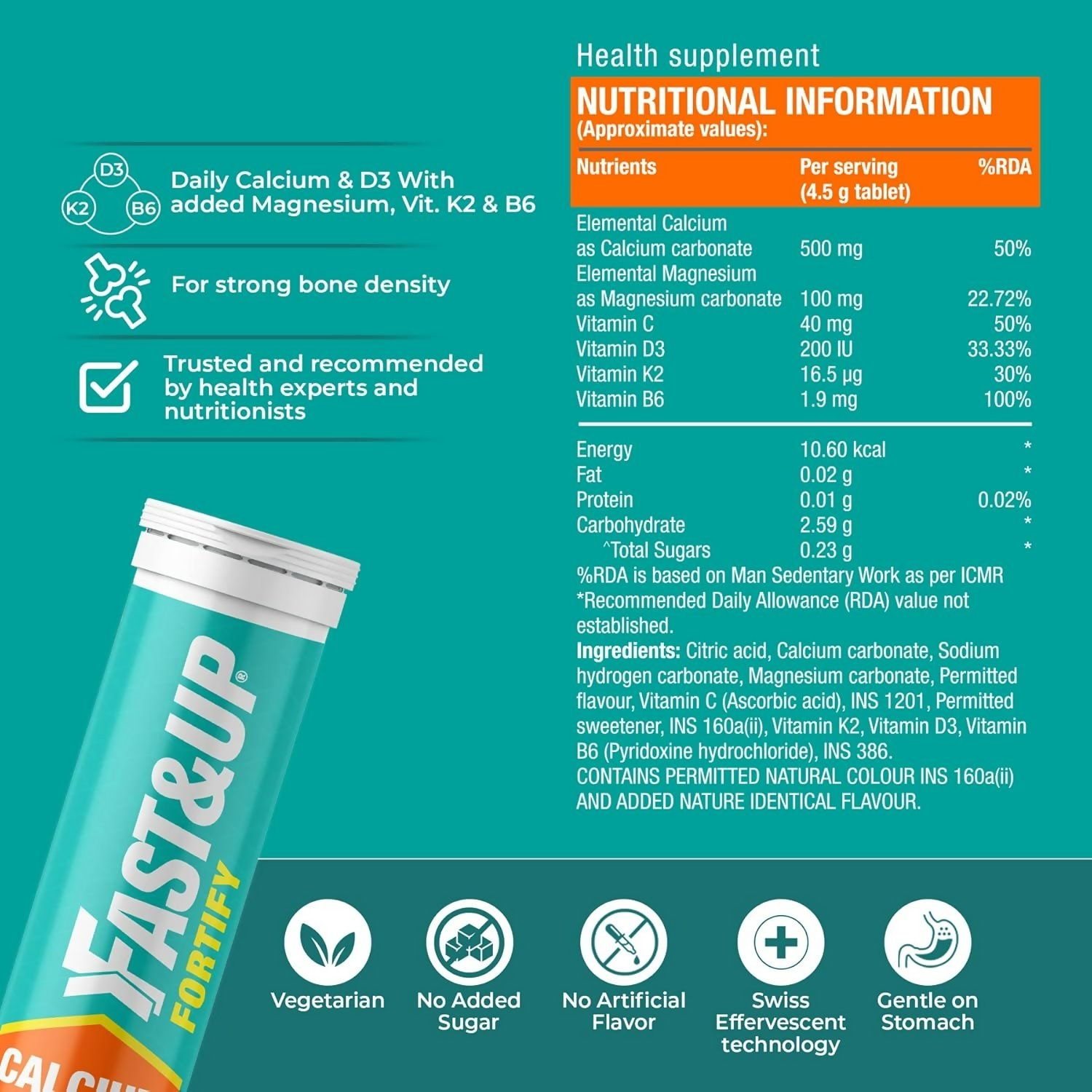 Fast&Up Fortify - Calcium with Essential Vitamin D3 Tablets - Orange Flavour | Grocsy