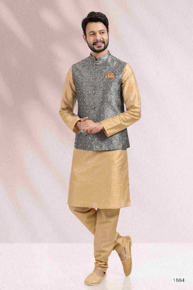 Raivat Ethnic Jacquard Banarasi Silk Woven Work 3 Pics Jacket Set In Grey Colour | Grocsy