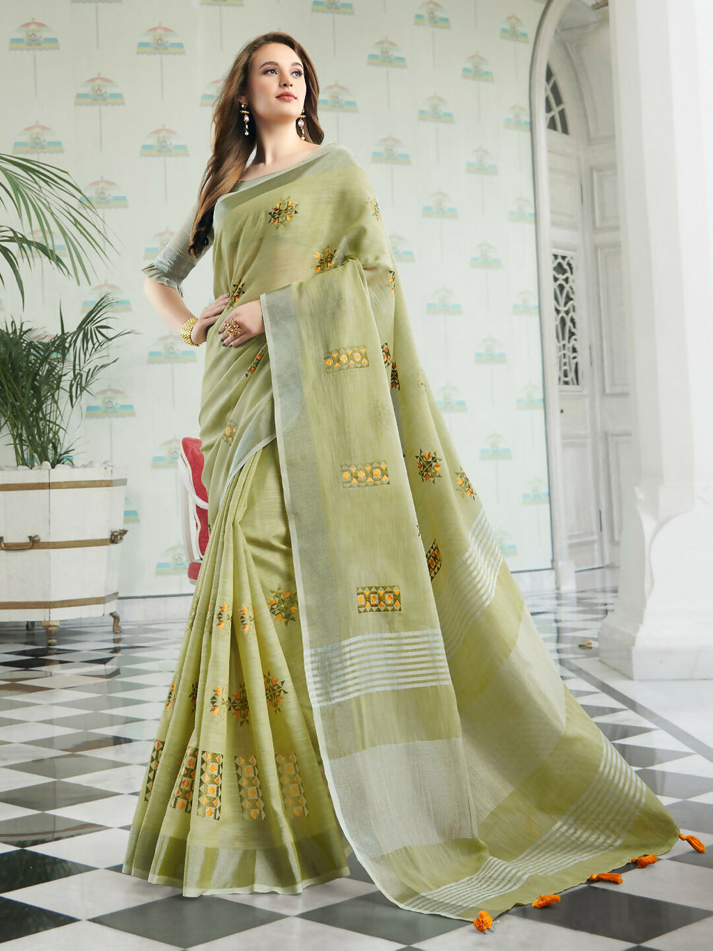 Shree Shyam Fashion Linen Pista Green Saree | Grocsy