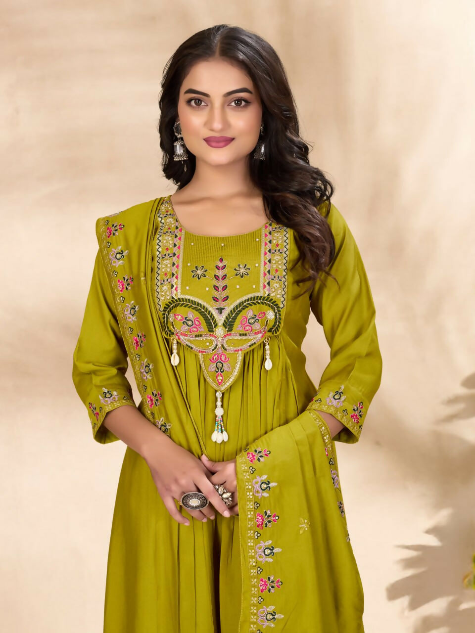 Lehenga Mart Designer Anarkali Suit With Kurta, Pant, Dupatta For Women-Lime Green | Grocsy