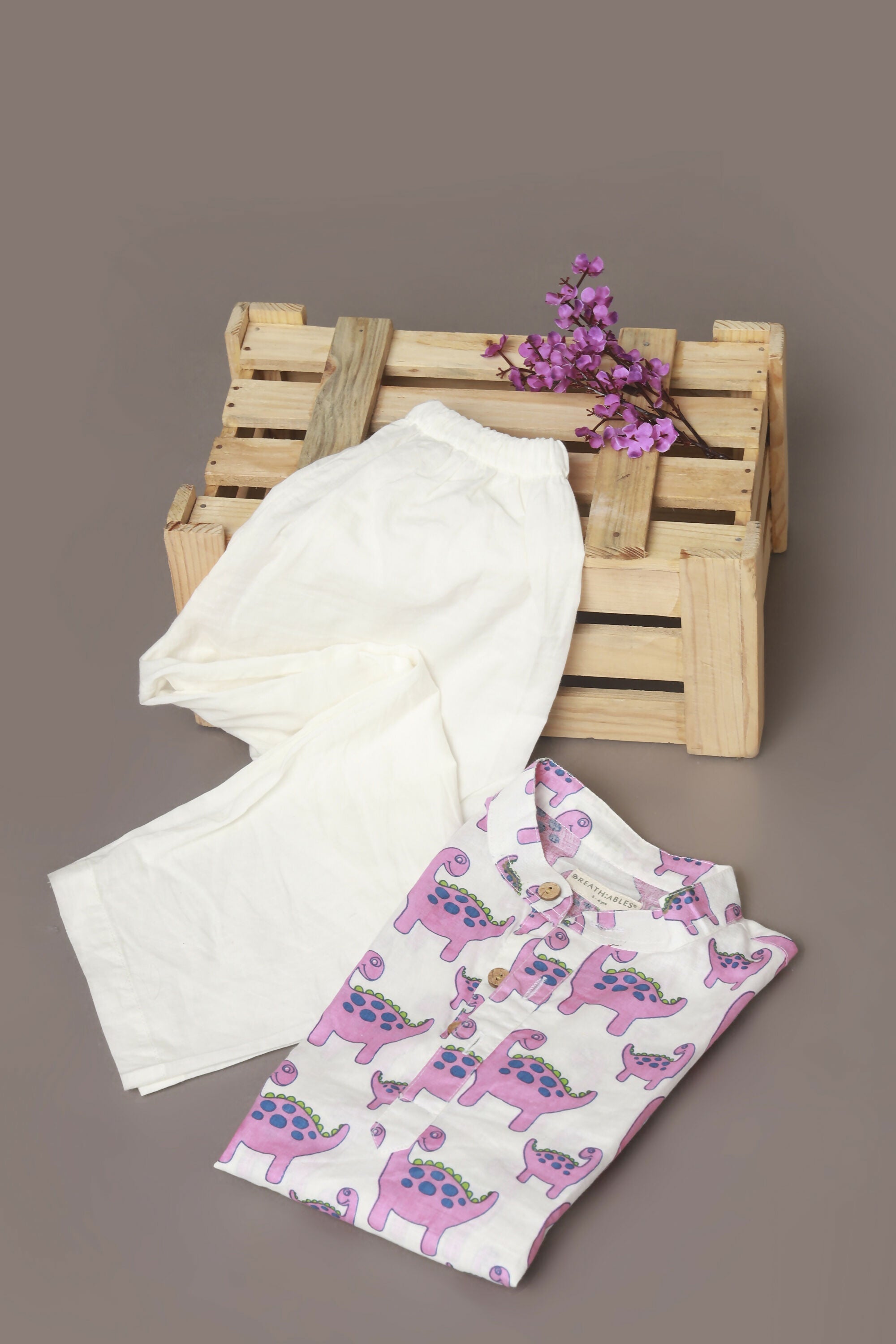 Breathables Kids Boys & Girls Cotton Night Suit – Purple Dinosaur Print Kurta & Pyjama Co-Ord Set | Grocsy