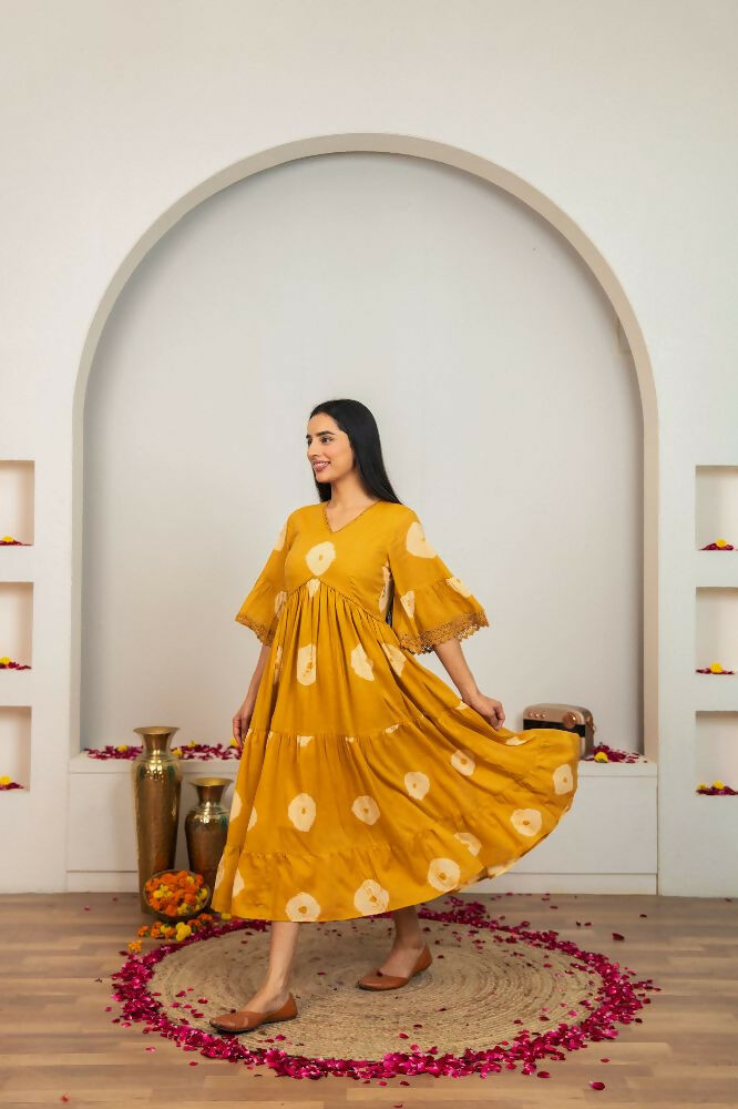 Joban Fashion Mustard Yellow Tie & Dye Cotton Dress | Grocsy
