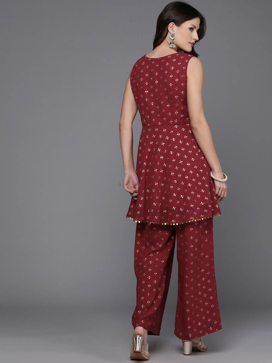 Ahalyaa Women Printed Tunic with Palazzos - Maroon Color | Grocsy
