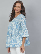 Janasya Women's White Cotton Floral Print Tiered Top | Grocsy
