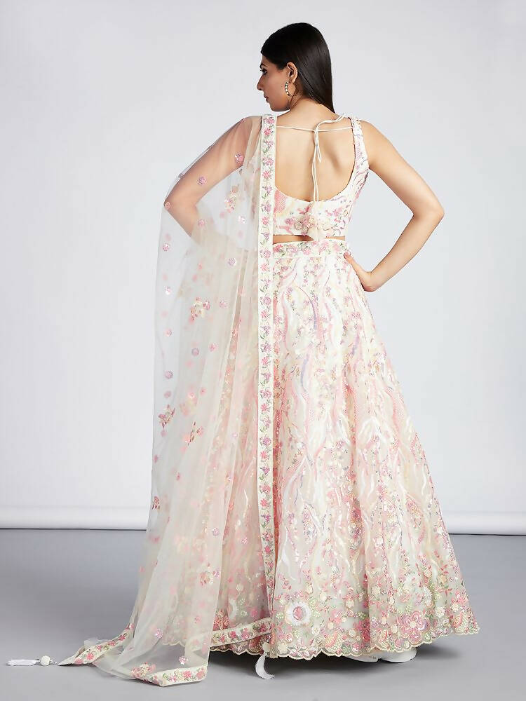 House of Panchhi Cream Net Sequins And Thread Embroidery Lehenga Choli & Dupatta | Grocsy