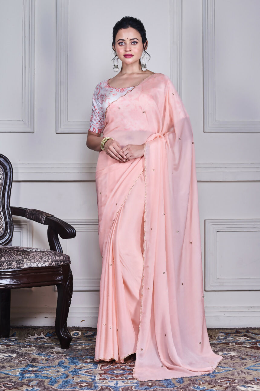 Morchari Peach Chiffon Hand Embroidery Saree And Stitched Blouse | Grocsy