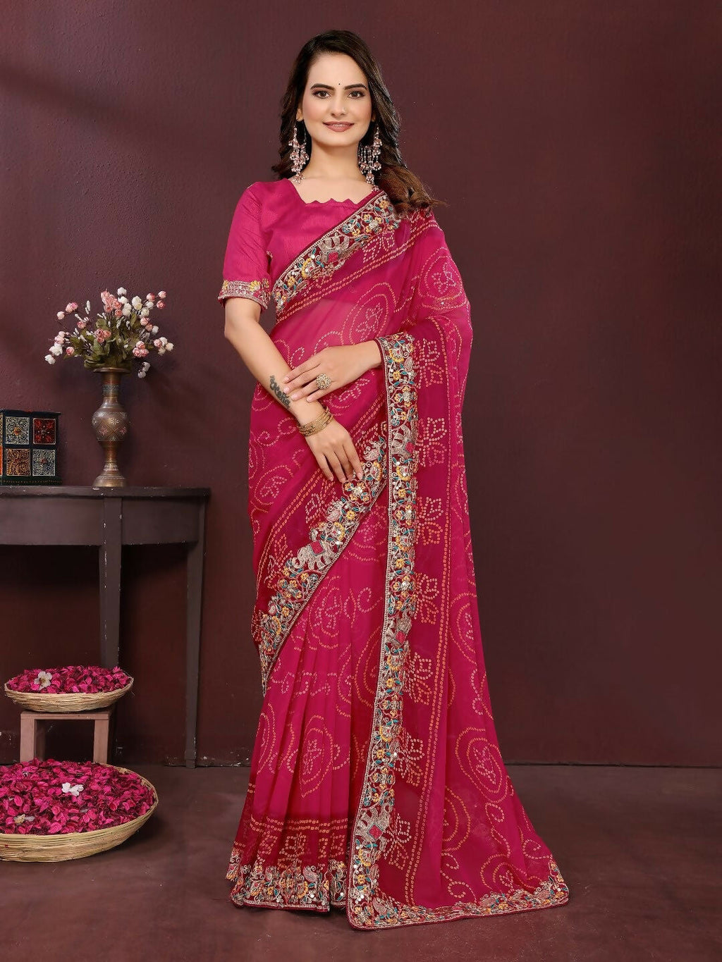 Ai Fashion Magenta Georgette Digital Print Party Wear Saree | Grocsy