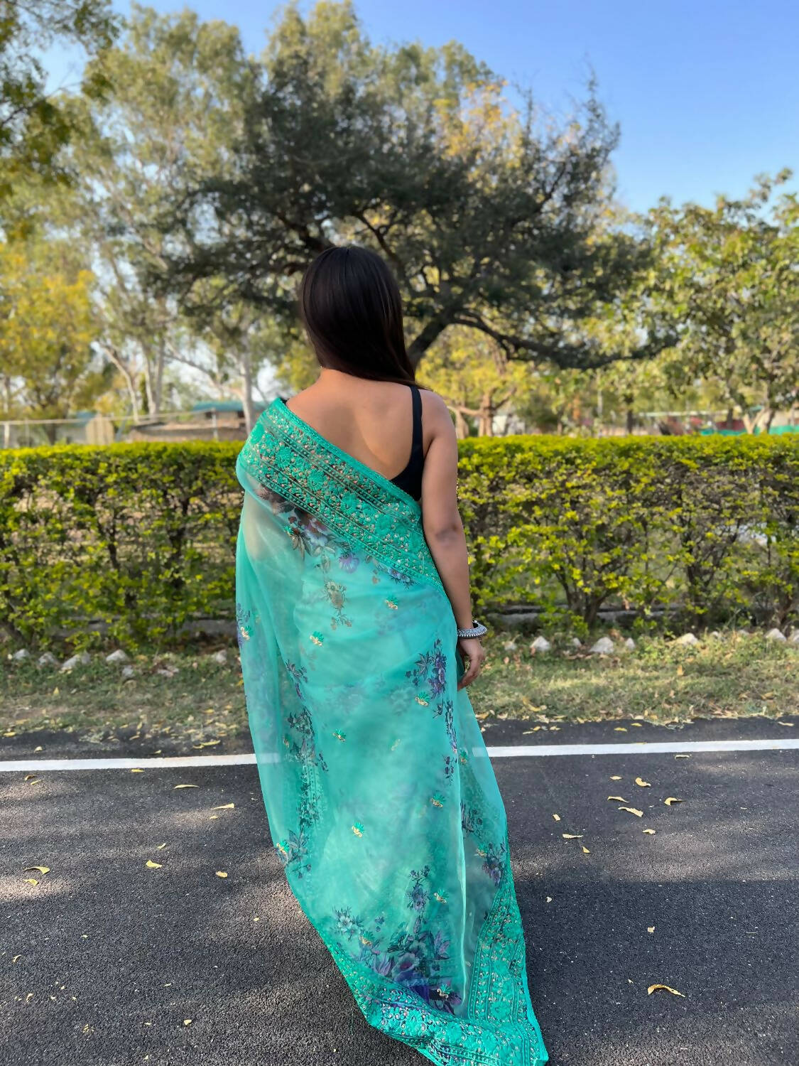 Vamsee Sea Green Organza Saree | Grocsy