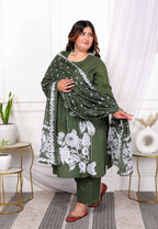 Miravan Women's Plus Size Mehandi Pintucks Floral Pattern Cotton Straight Kurta with Palazzo And Floral Dupatta Set | Grocsy