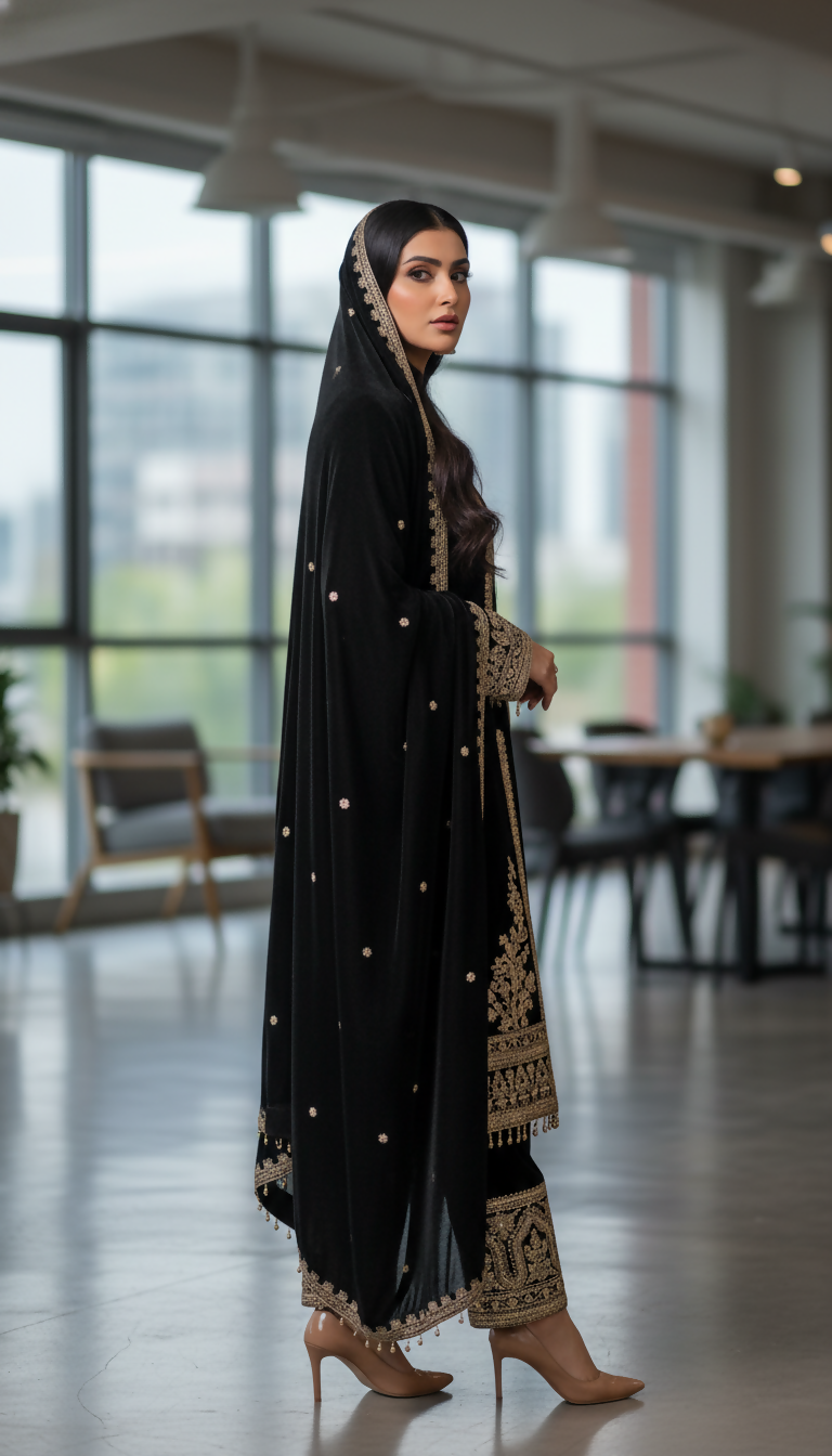Joban Fashion Black Velvet Embroidery Sequence Work Readymade Kurta Set | Grocsy