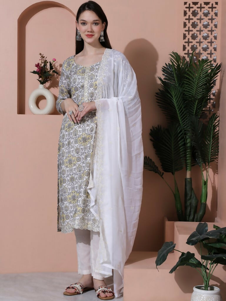 Jyoti Fashion Women's Off White Cotton Floral Digital Printed Kurta with Trouser & Dupatta | Grocsy