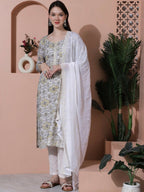 Jyoti Fashion Women's Off White Cotton Floral Digital Printed Kurta with Trouser & Dupatta | Grocsy
