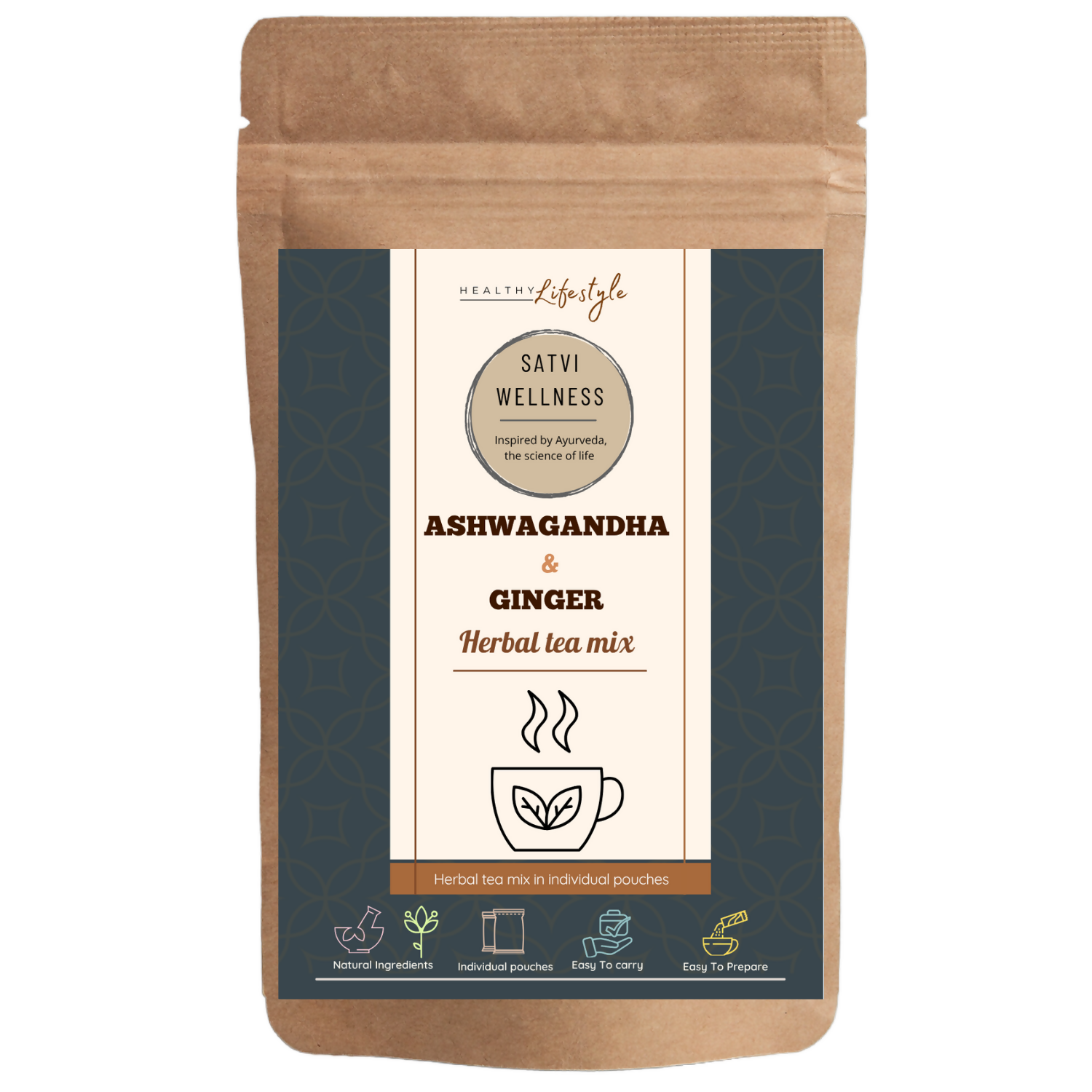 Satvi Wellness Ashwagandha Ginger Herbal Infusion Mix In Indvidual Packets | Herbal Tea Sachet | Grocsy