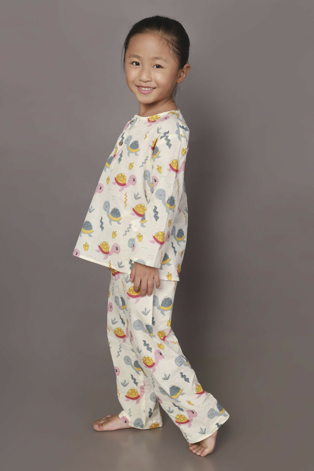 Breathables Kids Cotton Turtle Print Co-Ord Night Suit – White & Multi-Color | Grocsy
