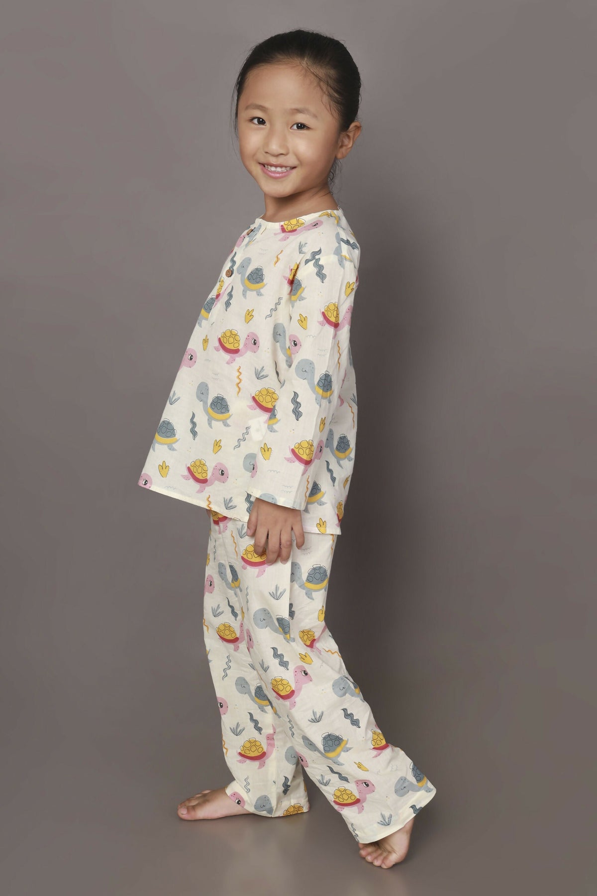 Breathables Kids Cotton Turtle Print Co-Ord Night Suit – White & Multi-Color | Grocsy
