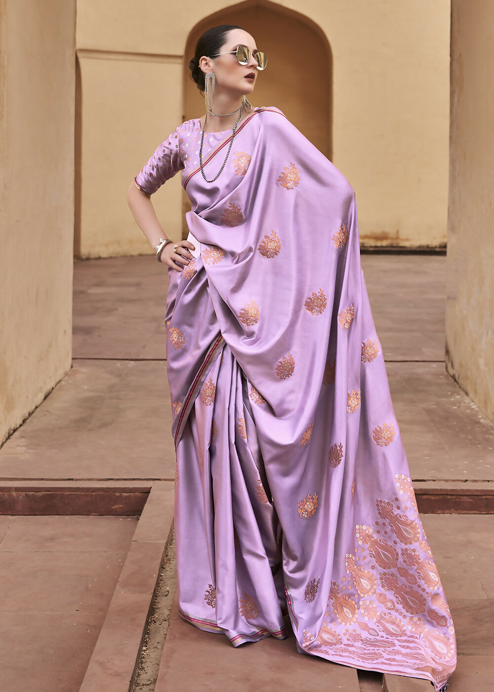 Lilac Purple Pure Satin Zari Weaving Wedding Festive Saree - Emponline | Grocsy