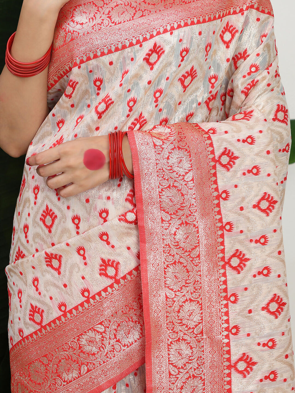 Shree Shyam Fashion Linen Cotton Red & White Saree | Grocsy