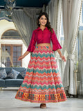 Juniper Women's Multi Ethnic Motif Printed Cotton Crop Top And Skirt With Lace & Button Detail | Grocsy