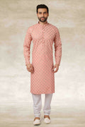 Raivat Ethnic Cotton Printed Work Kurta Pajama In Peach Colour | Grocsy