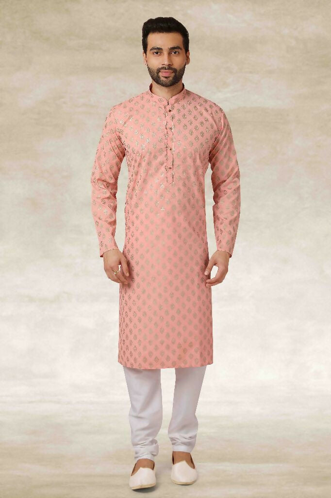 Raivat Ethnic Cotton Printed Work Kurta Pajama In Peach Colour | Grocsy