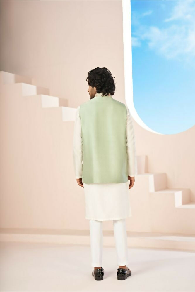 Olive Green Hand Embroidered Nehru Jacket by Hilo Design | Grocsy
