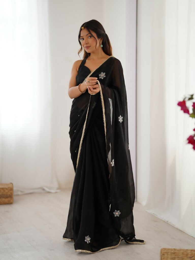 Black Fendy Designer Beads Moti,Val Sequence Work Saree - Siara | Grocsy