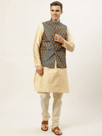 Jompers Men's Golden Dupion Silk Kurta with Churidar & Nehru Jacket ( Blue ) | Grocsy